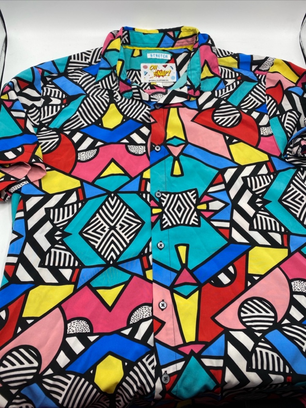 Oh Snap Drill Clothing Stretch Bold Button Up Short Sleeve Shirt Large 90s Retro